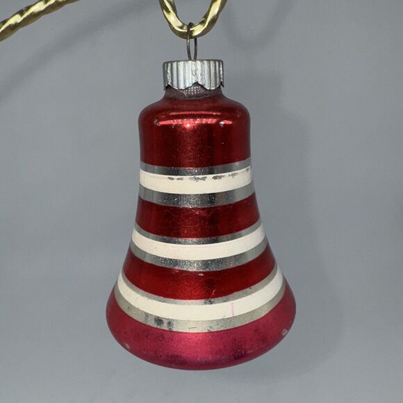 Auth Vintage Shiny Brite Striped Bell Glass Ornament 3" Pink Red Silver White - Picture 6 of 9